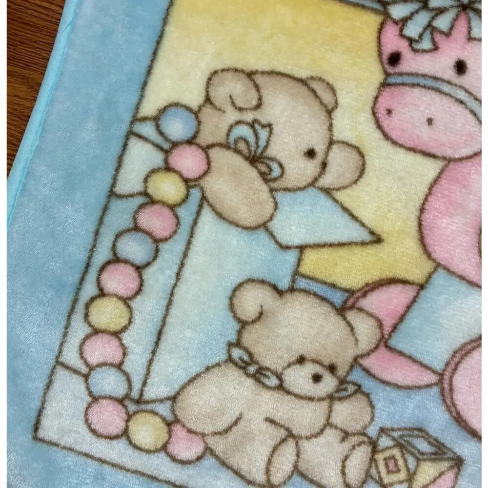 Casa Imports Baby Blanket Acrylic Plush Blue Pastel Bear Rocking Horse Spain VTG